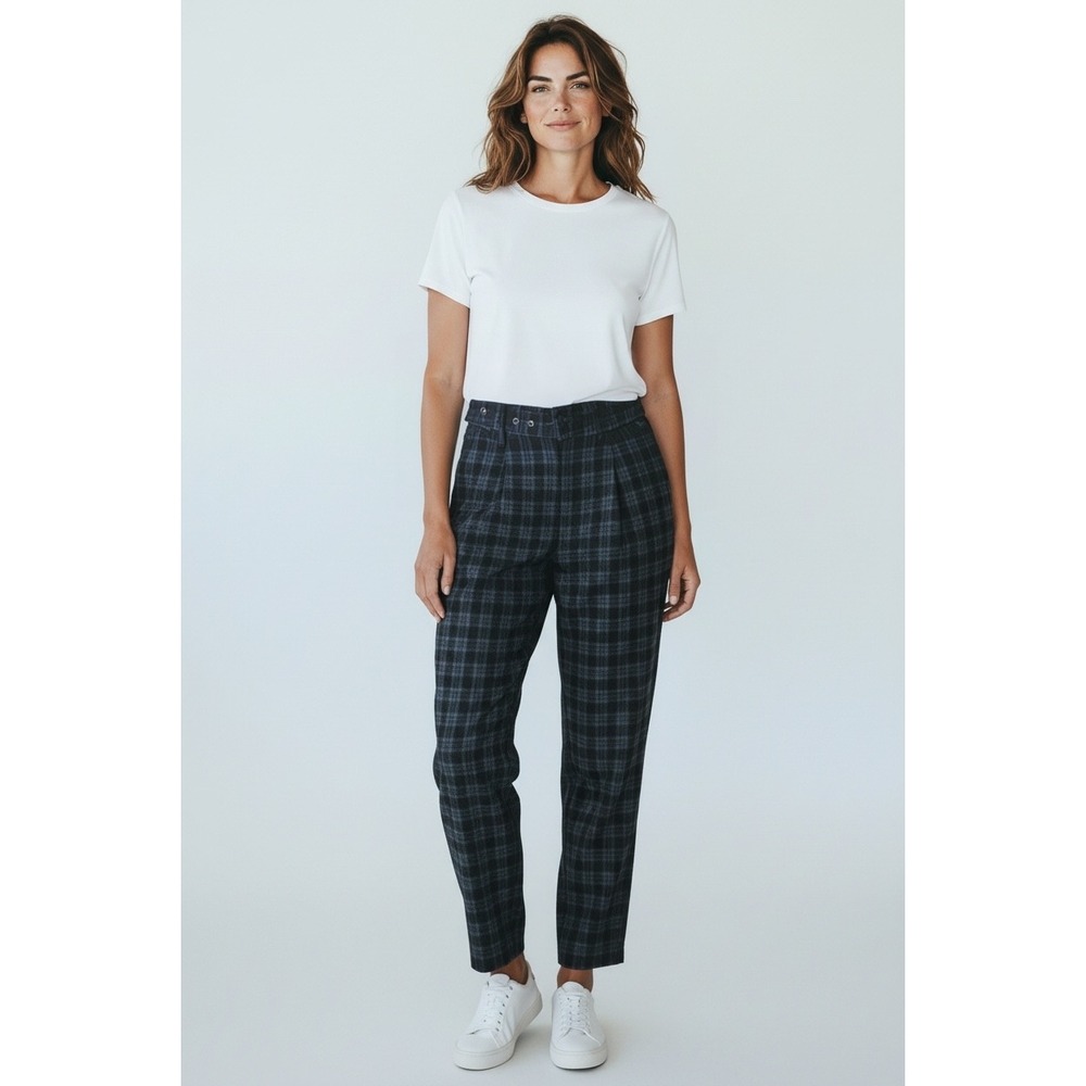 Fashion Nova Women Blue Black Plaid High Waisted Pleated Tapered Trousers Size M